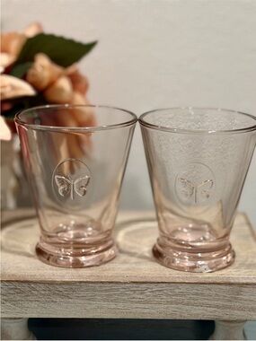 La Rochere Pink Butterfly Papillon Glass Tumbler 2PC Made In France 9.2oz NEW